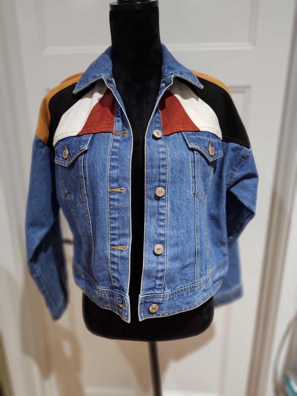 Denim Colorblock Trucker Jacket - Blue, Black, Rust, White